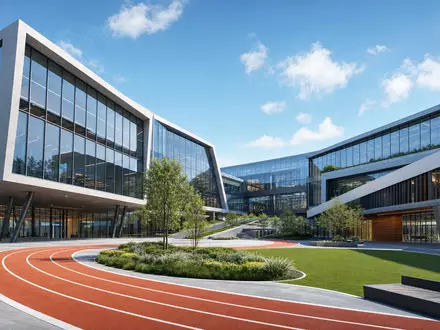 PUMA SE (ISIN DE0006969603) praesentiert modernes Architektur-Rendering eines Sport-Firmensitzes mit Laufbahn und Glasfassade - Foto: THN