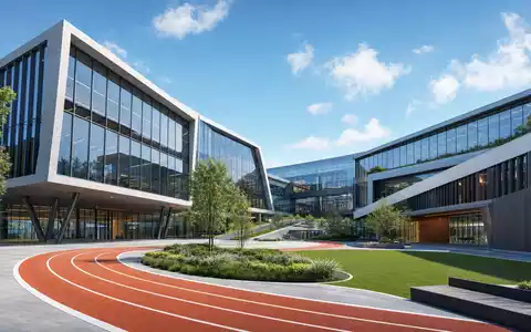 PUMA SE (ISIN DE0006969603) praesentiert modernes Architektur-Rendering eines Sport-Firmensitzes mit Laufbahn und Glasfassade - Foto: THN