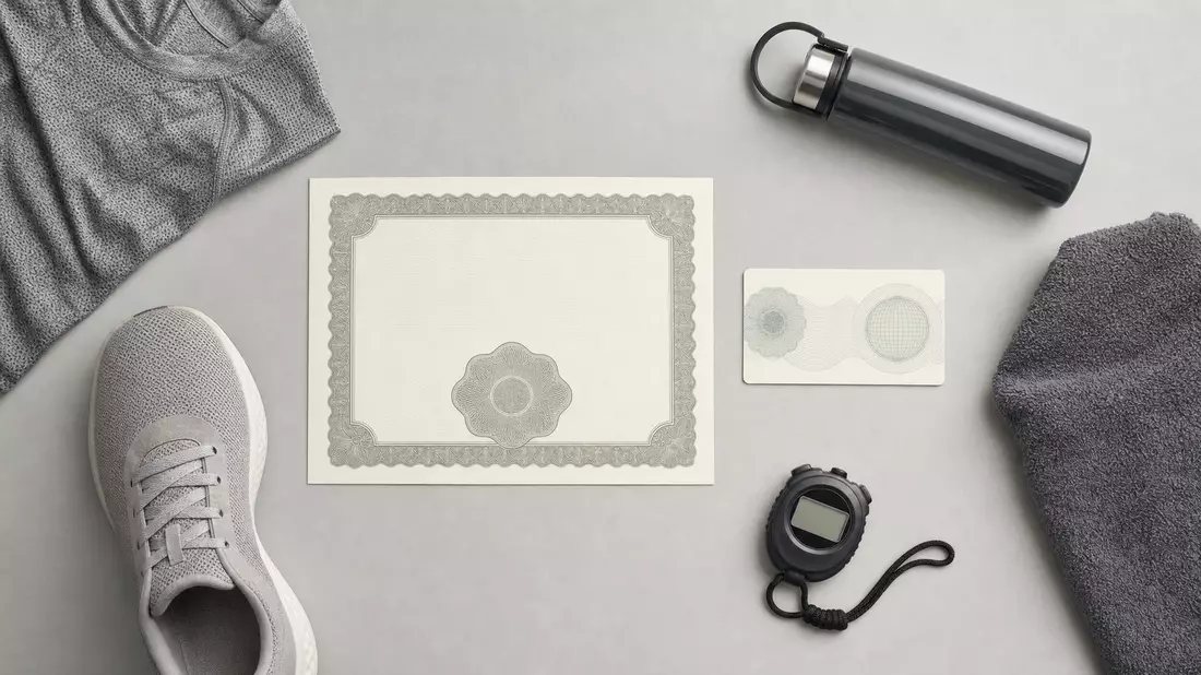 Flatlay-Aufnahme mit Aktienzertifikat, ISIN-Karte und Sportutensilien