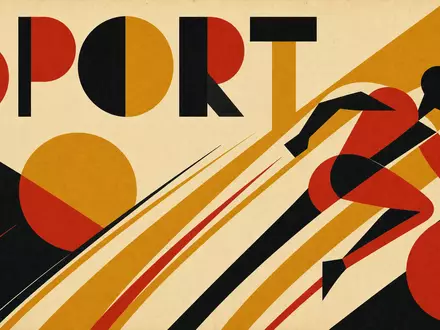 PUMA SE (ISIN DE0006969603) illustriert geometrisches Bauhaus-Poster mit Sektor-Schriftzug SPORT und stilisiertem Laeufer - Foto: THN
