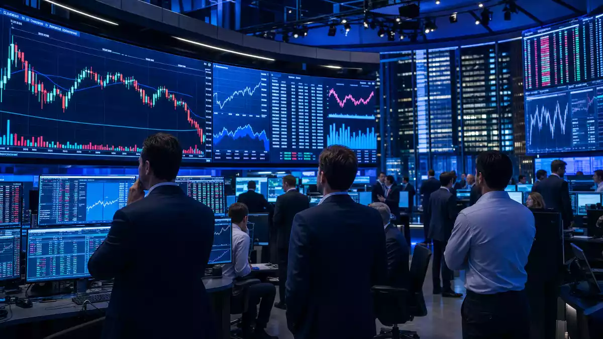 Trading-Floor mit grossen Bildschirmen und Aktiencharts zum Sportsektor