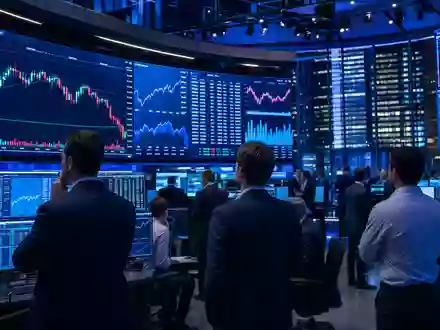 PUMA SE (ISIN DE0006969603) inszeniert Boersen-Editorial mit Trading-Floor und Charts zum Sportartikelsektor ohne echte Logos - Foto: THN