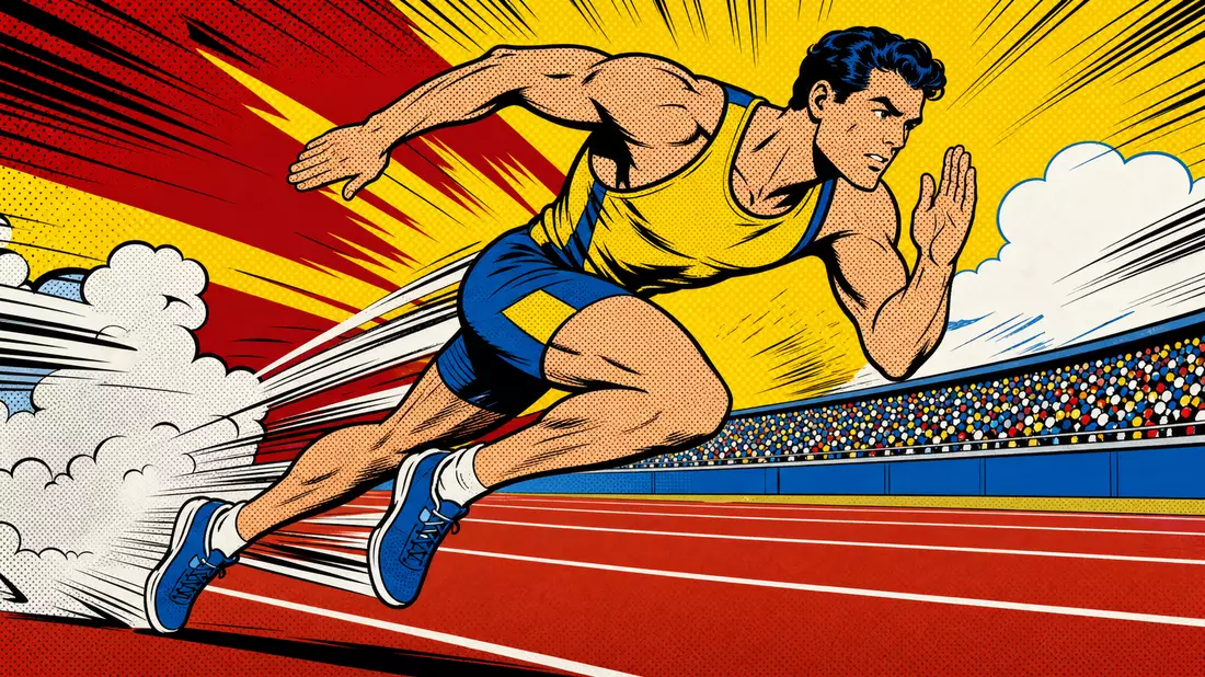 Pop-Art-Comic eines sprintenden Athleten in bunten Farben auf Laufbahn