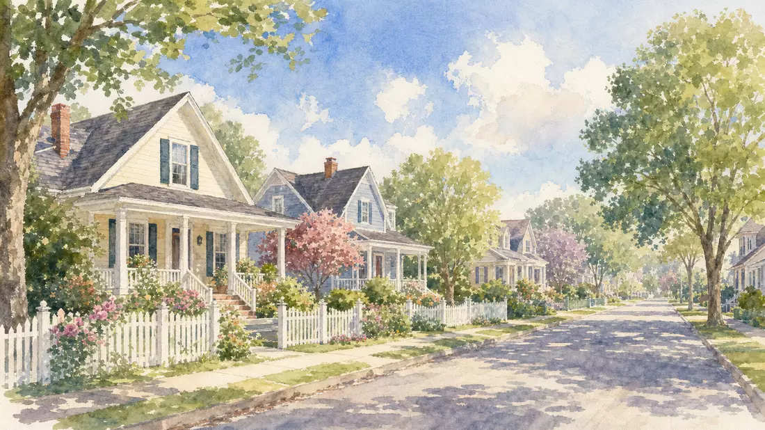 Aquarellmalerei einer amerikanischen Vorstadtstraße mit Einfamilienhäusern und Gärten
