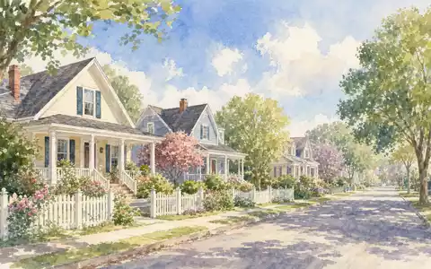 PulteGroup Inc. US7458671010 präsentiert eine Aquarell-Illustration einer amerikanischen Vorstadtstraße mit charmanten Einfamilienhäusern und Gärten - Foto: THN