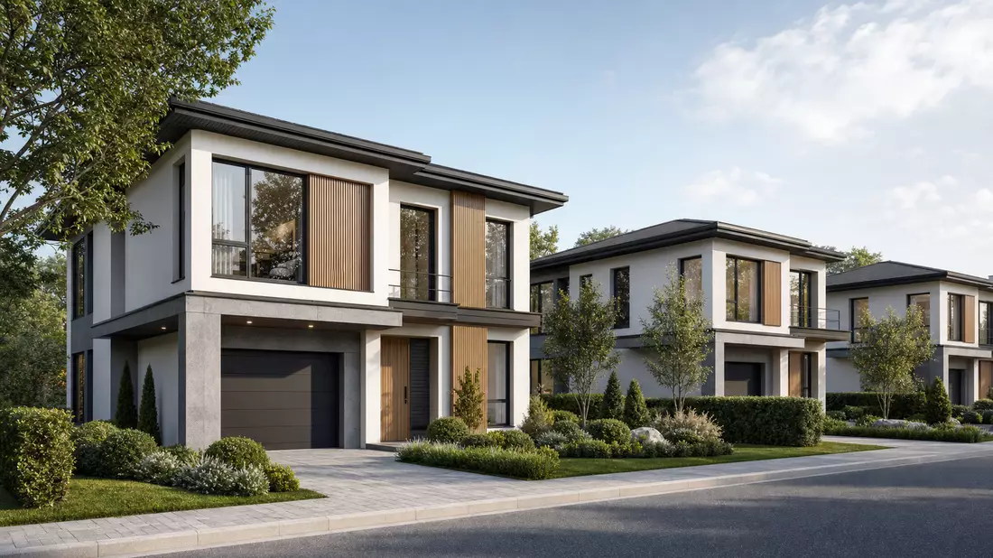 Architekturrender moderner Einfamilienhäuser in einer Wohnsiedlung bei Tageslicht