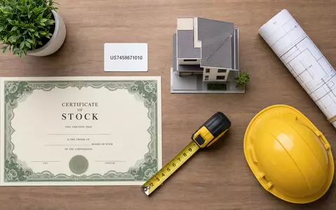 PulteGroup Inc. US7458671010 zeigt Flatlay-Arrangement mit Aktienzertifikat, ISIN-Karte und Bauwerkzeugen auf Holztisch - Foto: THN