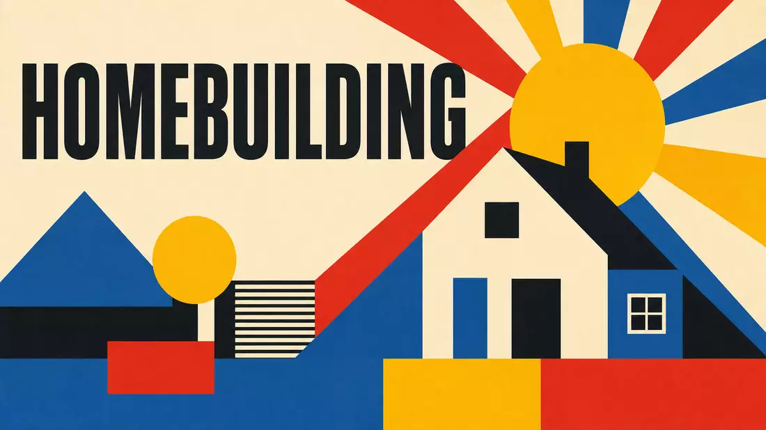 Geometrisches Bauhaus-Poster mit Haussilhouette und Sonne in Primärfarben