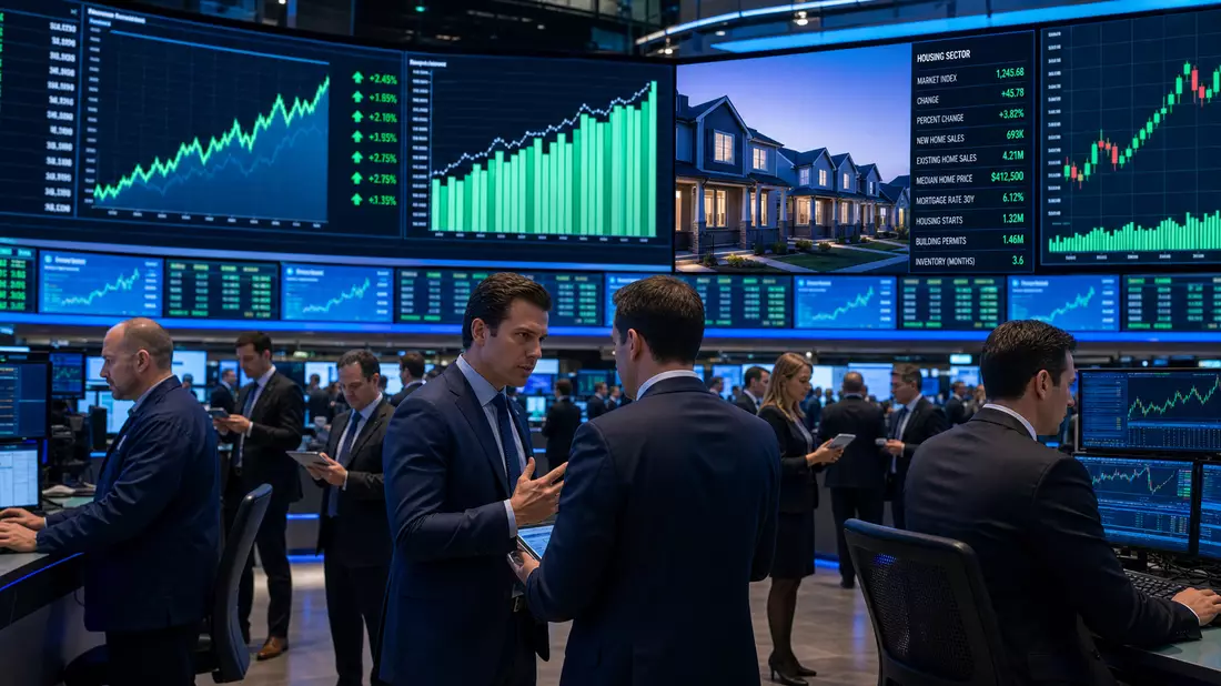 Trading-Floor mit Börsenhändlern und Bildschirmen zu Wohnungsbau-Marktdaten