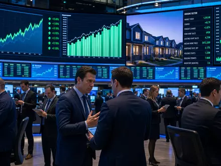 PulteGroup Inc. US7458671010 zeigt ein Börsen-Editorial mit Trading-Floor und aktuellen Wohnungsbau-Sektordaten auf großen Bildschirmen - Foto: THN