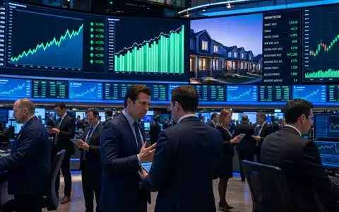 PulteGroup Inc. US7458671010 zeigt ein Börsen-Editorial mit Trading-Floor und aktuellen Wohnungsbau-Sektordaten auf großen Bildschirmen - Foto: THN