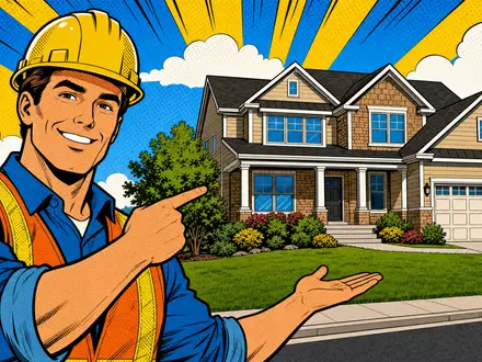 PulteGroup Inc. US7458671010 präsentiert eine farbenfrohe Pop-Art-Comic-Szene mit Bauarbeiter vor neuem fertigem Traumhaus - Foto: THN