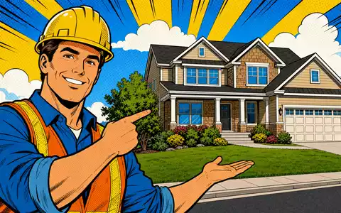 PulteGroup Inc. US7458671010 präsentiert eine farbenfrohe Pop-Art-Comic-Szene mit Bauarbeiter vor neuem fertigem Traumhaus - Foto: THN