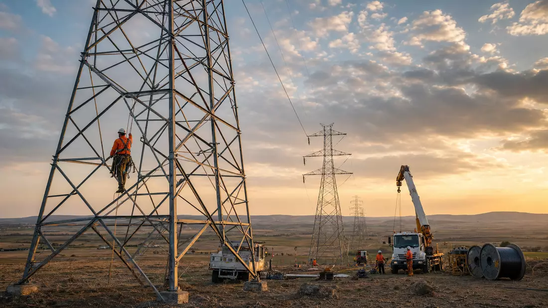 Techniker klettert Strommast beim Hochspannungsleitungsbau im Sonnenuntergang