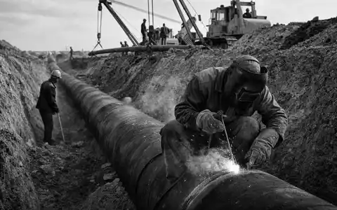 Quanta Services Inc. (ISIN US74762E1029) verlegt Pipelines, SchweiĂer arbeitet dokumentarisch in SchwarzweiĂ im Graben - Foto: THN