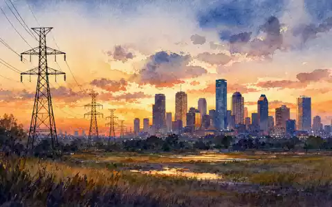 Quanta Services Inc. (ISIN US74762E1029) prÀgt US-Infrastruktur, Aquarell zeigt Stadtsilhouette mit Strommasten bei Sonnenuntergang - Foto: THN