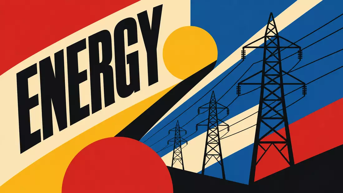 Bauhaus-Poster mit geometrischen Formen, Strommasten und dem Wort ENERGY