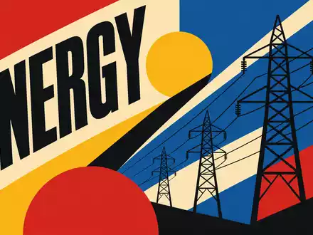 Quanta Services Inc. (ISIN US74762E1029) inspiriert geometrisches Bauhaus-Poster mit Strommasten und Sektor-Schriftzug ENERGY - Foto: THN