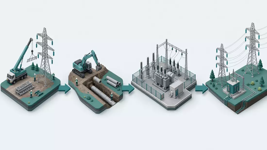 Isometrische 3D-Grafik der Infrastruktur-Wertschöpfungskette von Bau bis Netzanschluss