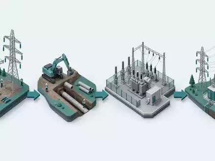 Quanta Services Inc. (ISIN US74762E1029) Wertschöpfungskette als isometrisches 3D-Diagramm von Mast bis Umspannwerk - Foto: THN