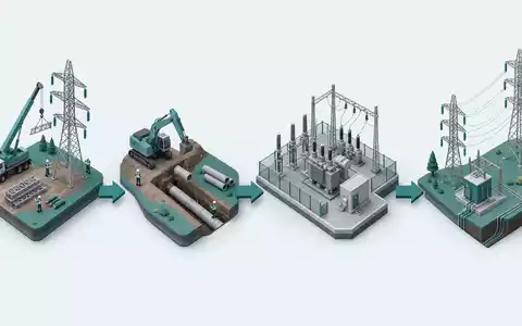 Quanta Services Inc. (ISIN US74762E1029) Wertschöpfungskette als isometrisches 3D-Diagramm von Mast bis Umspannwerk - Foto: THN