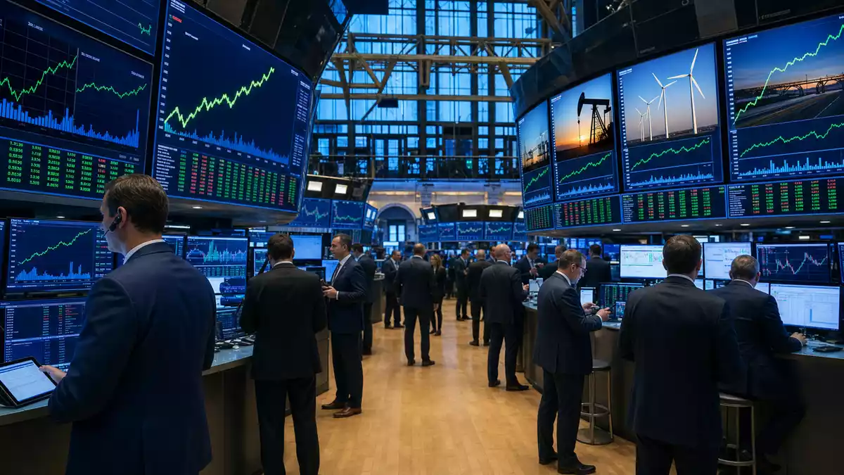 Trading-Floor mit Händlern und großen Bildschirmen mit Energiesektor-Charts