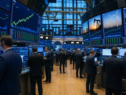 Quanta Services Inc. (ISIN US74762E1029) Editorial zeigt Trading-Floor mit Energie- und Infrastruktur-Sektorcharts auf Bildschirmen - Foto: THN