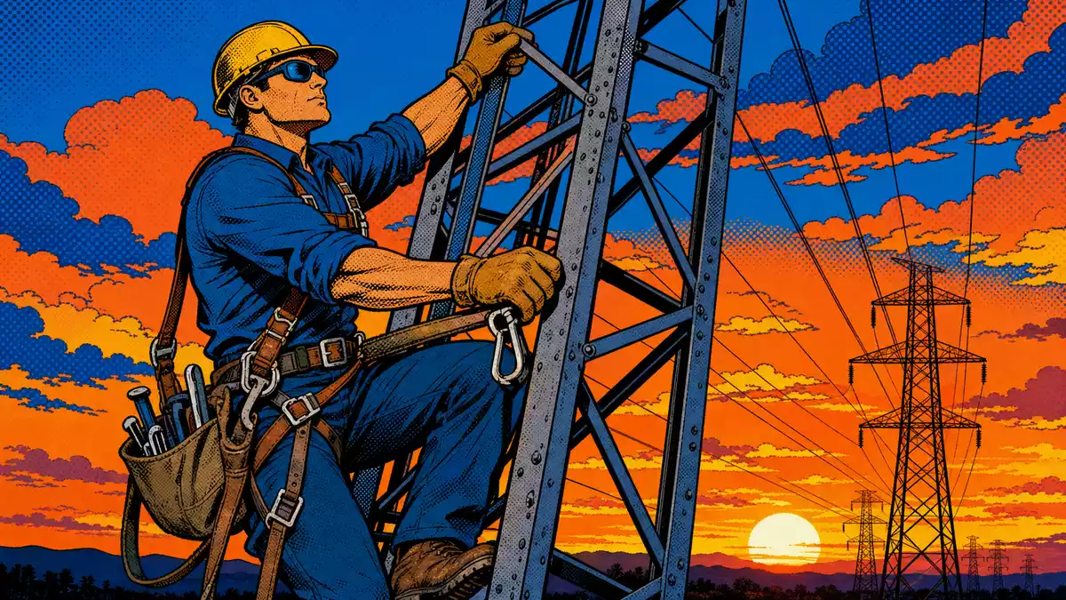 Pop-Art-Comic eines Technikers, der bei Sonnenuntergang einen Strommast erklimmt