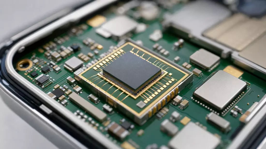 HF-Halbleiterchip auf grüner Platine mit Golddrähten, fotorealistische Nahaufnahme