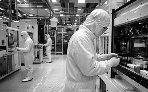 Qorvo Inc. (US74736K1016) fertigt Halbleiter in Reinräumen, dokumentarisch schwarz-weiß festgehalten von Fachkräften - Foto: THN