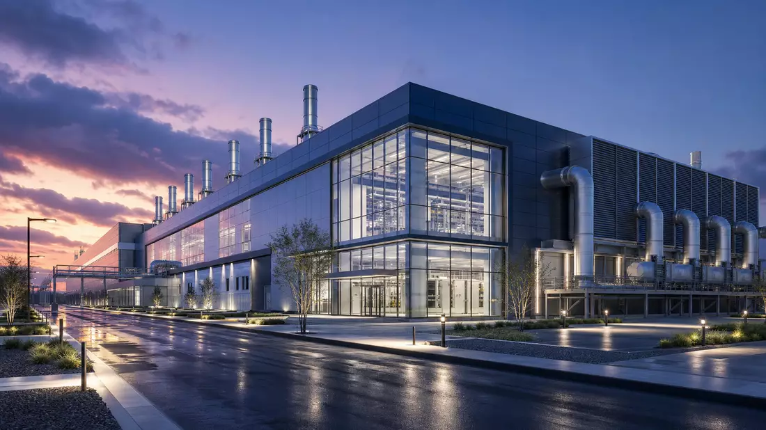 Architektonisches 3D-Render einer modernen Halbleiterfabrik in der Dämmerung