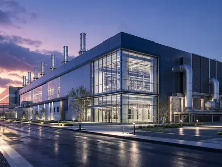 Qorvo Inc. (US74736K1016) betreibt moderne Fertigungsanlagen, hier als futuristisches nächtliches Architektur-Render professionell visualisiert - Foto: THN
