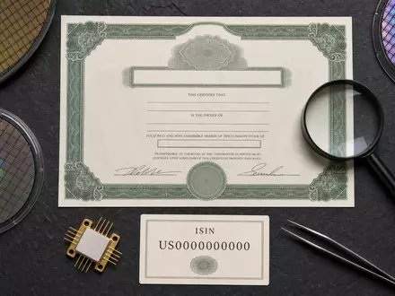 Qorvo Inc. (US74736K1016) Aktie symbolisiert durch Zertifikat, ISIN-Karte und Halbleiter-Wafer im Flatlay-Arrangement - Foto: THN