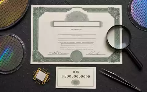 Qorvo Inc. (US74736K1016) Aktie symbolisiert durch Zertifikat, ISIN-Karte und Halbleiter-Wafer im Flatlay-Arrangement - Foto: THN