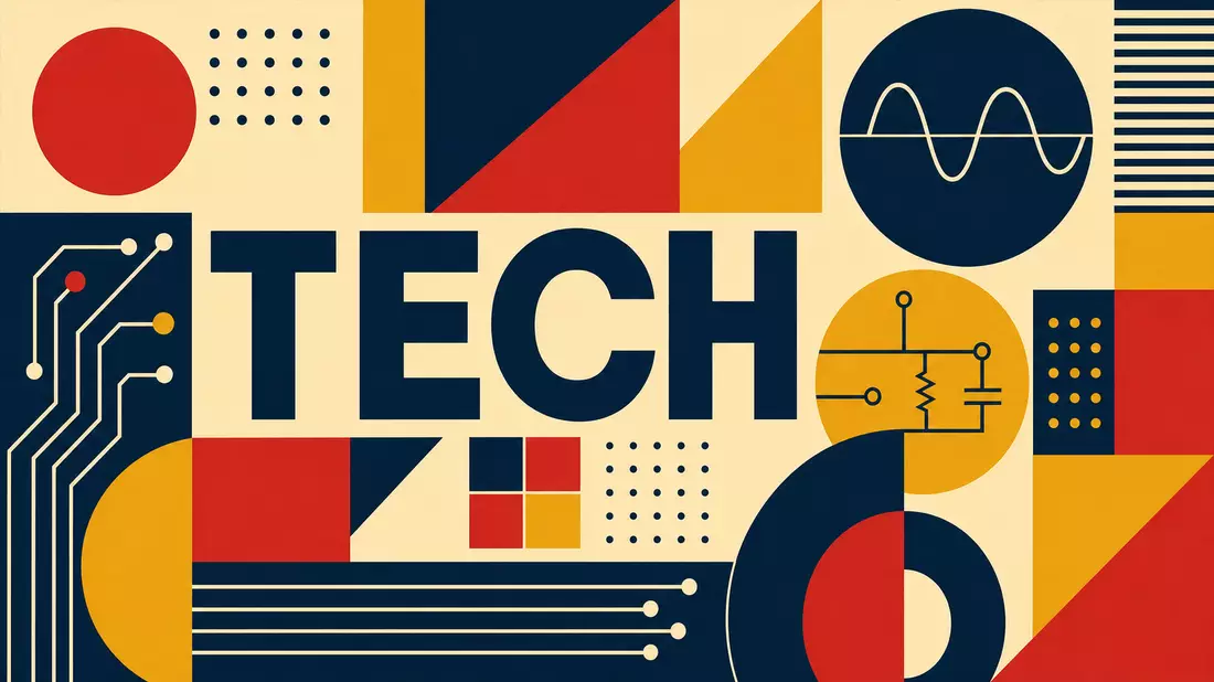 Geometrisches Bauhaus-Poster mit Formen, Schaltkreismotiven und dem Wort TECH