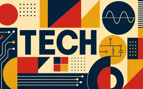 Qorvo Inc. (US74736K1016) als Technologieunternehmen dargestellt in geometrischem, farbenfrohem Bauhaus-Poster mit großem TECH-Schriftzug - Foto: THN