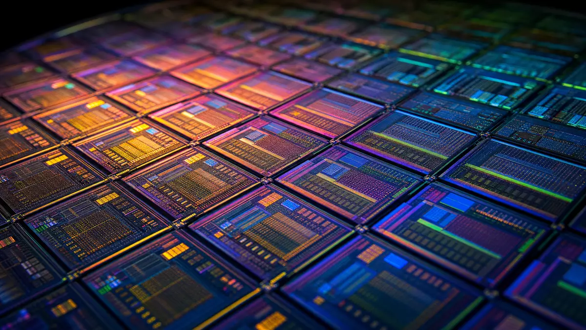 Makroaufnahme eines Silizium-Wafers mit schillernden Farbreflexionen und Schaltkreismustern