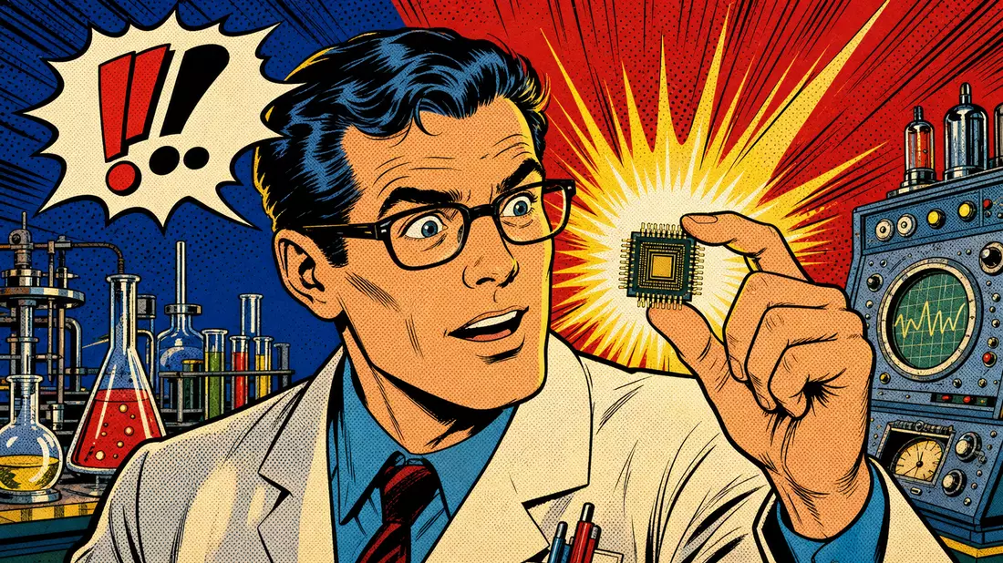 Pop-Art-Comic eines Wissenschaftlers, der stolz einen leuchtenden Mikrochip präsentiert