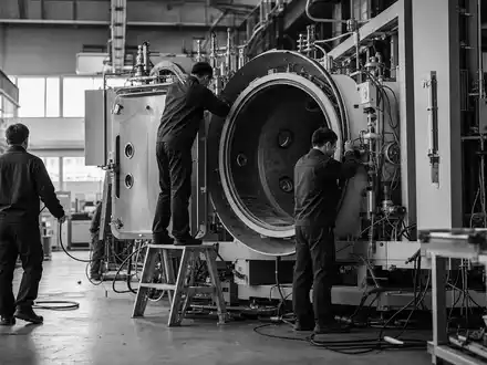 PVA TePla AG (DE0007461006) dokumentiert schwarzweiß zwei Techniker beim Zusammenbau einer großen Vakuumofen-Anlage - Foto: THN