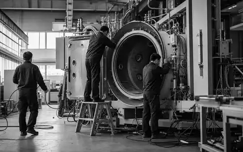 PVA TePla AG (DE0007461006) dokumentiert schwarzweiß zwei Techniker beim Zusammenbau einer großen Vakuumofen-Anlage - Foto: THN