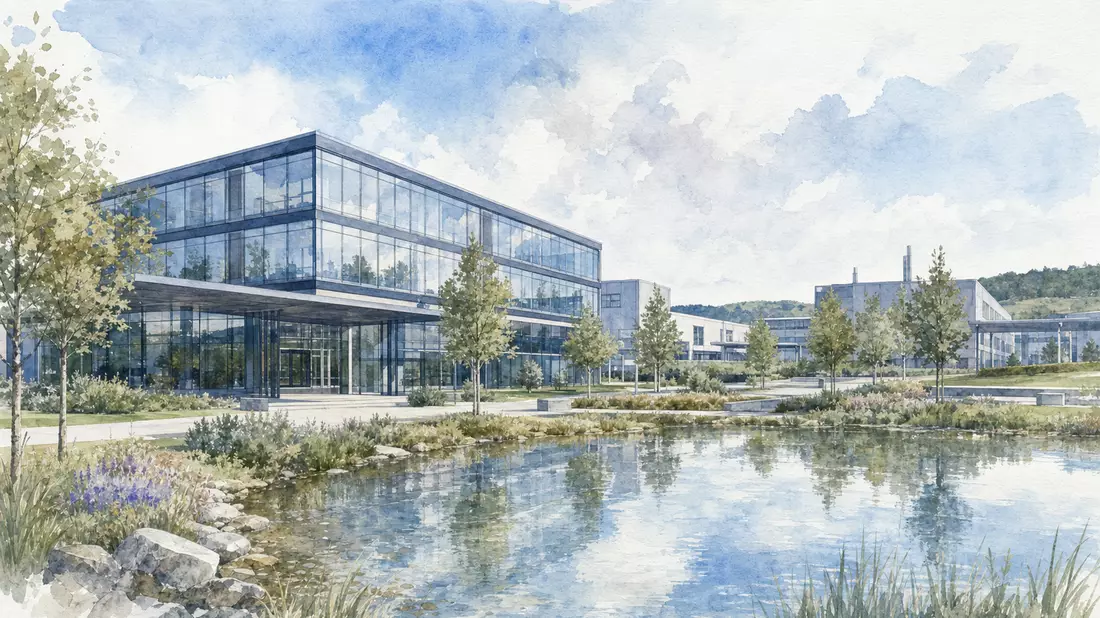Aquarellmalerei eines modernen Technologiepark-Firmensitzes mit Teich und Bäumen