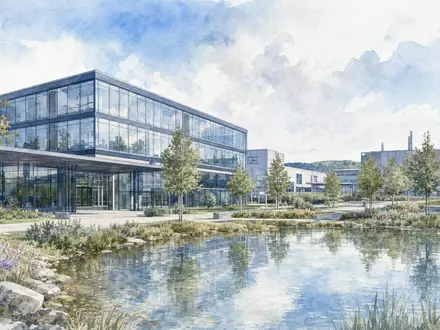 PVA TePla AG (DE0007461006) präsentiert als Aquarell einen modernen Technologiepark mit Glasfassade und Teich - Foto: THN