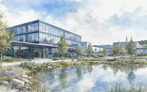 PVA TePla AG (DE0007461006) präsentiert als Aquarell einen modernen Technologiepark mit Glasfassade und Teich - Foto: THN