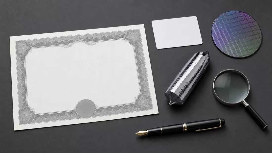 Flatlay mit Aktienzertifikat, ISIN-Karte, Siliziumwafer und Kristall-Ingot auf dunklem Untergrund