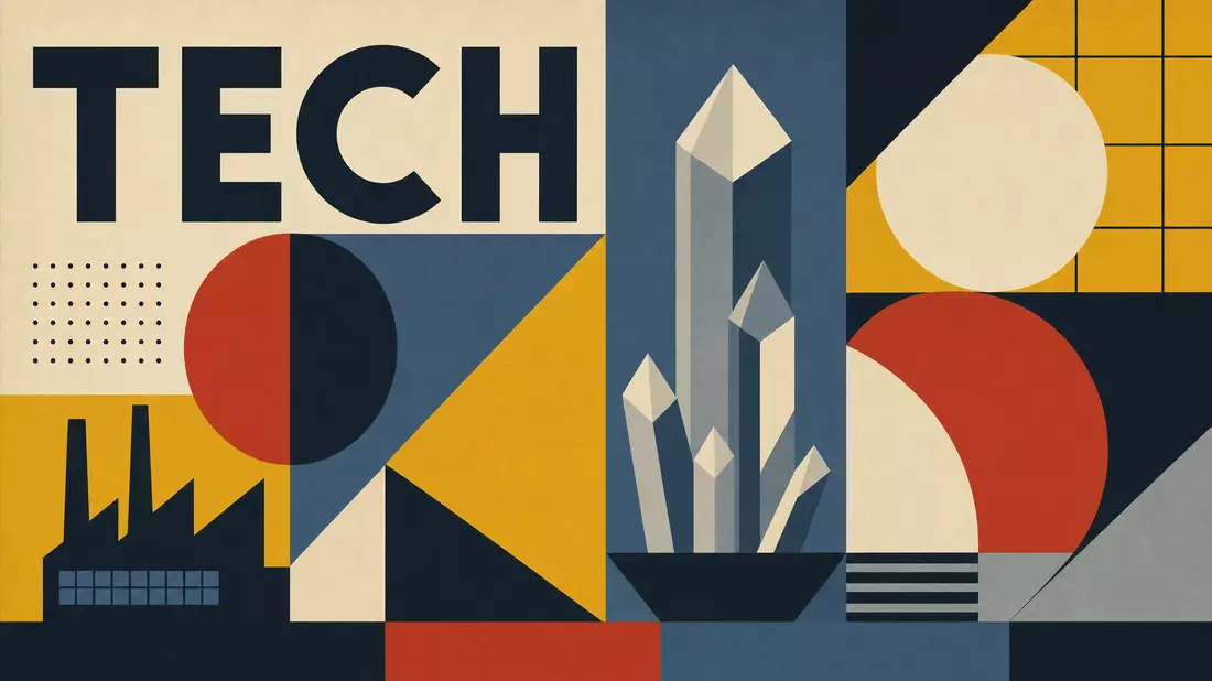 Bauhaus-Poster mit geometrischen Formen, Kristallmotiv und dem Wort TECH