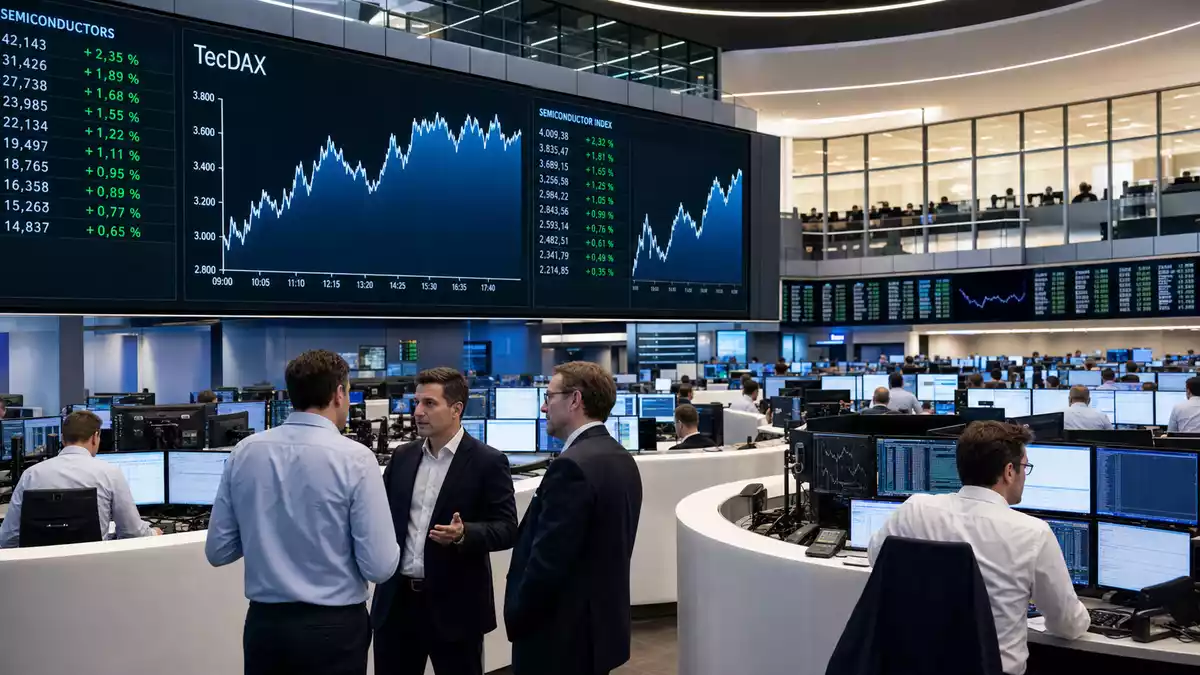Editorialfoto eines Börsenhandelssaals mit Kursanzeigen und TecDAX-Chart