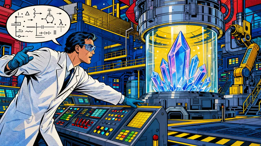 Pop-Art-Comic eines Wissenschaftlers an einer leuchtenden Kristallzuchtmaschine