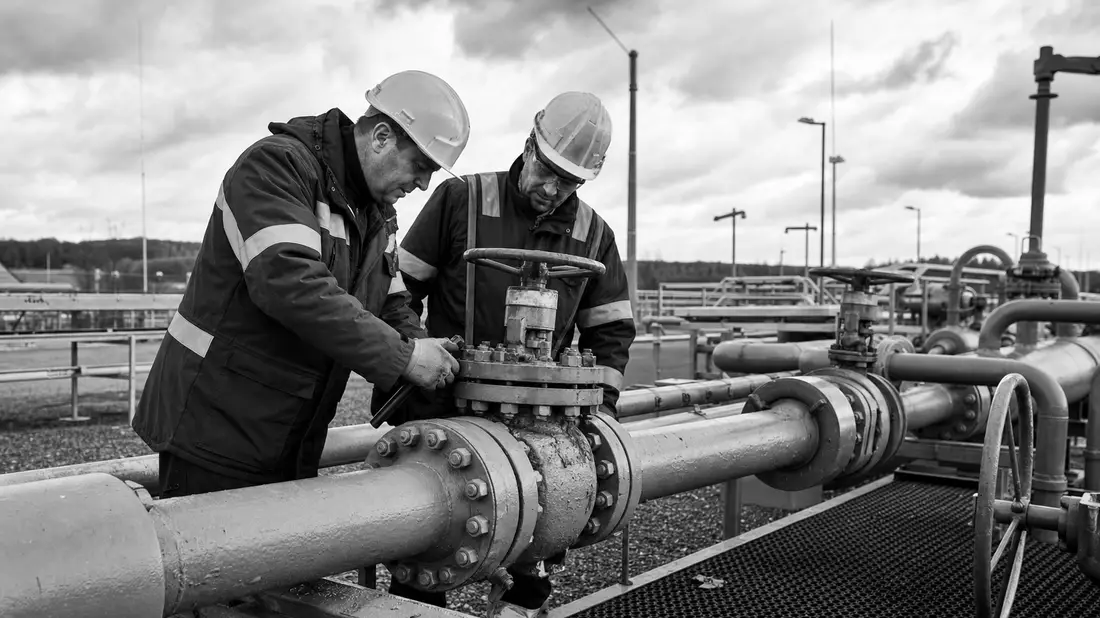 Schwarzweiß-Reportagefoto von Technikern bei Wartungsarbeiten an Gaspipeline-Ventilen