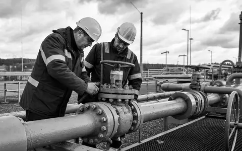 Naturgy Energy Group S.A. (ES0116870314) beschäftigt Techniker, die Gasleitungsventile an Verteilanlagen dokumentarisch schwarzweiß prüfen - Foto: THN