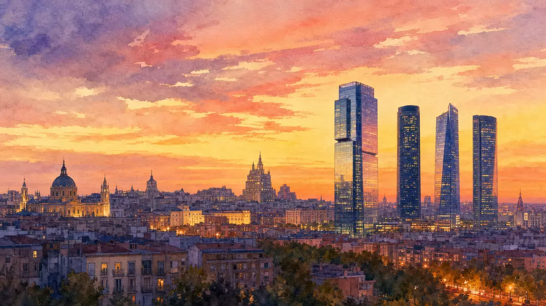 Aquarellmalerei der Madrider Skyline mit modernem Bürohochhaus bei Abenddämmerung